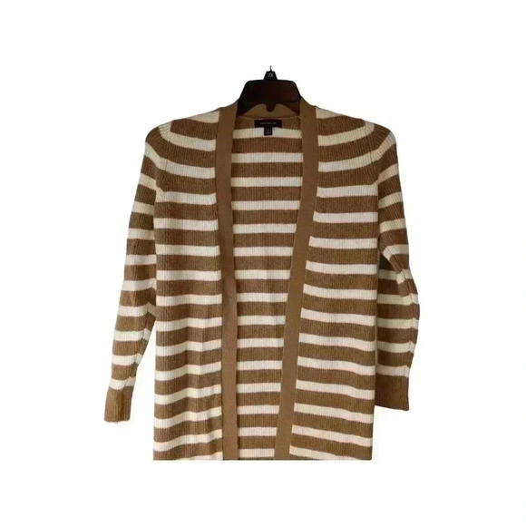 Ann Taylor Petite Striped Ribbed Long Line Open Brown/ White Cardigan XS - Picture 3 of 10